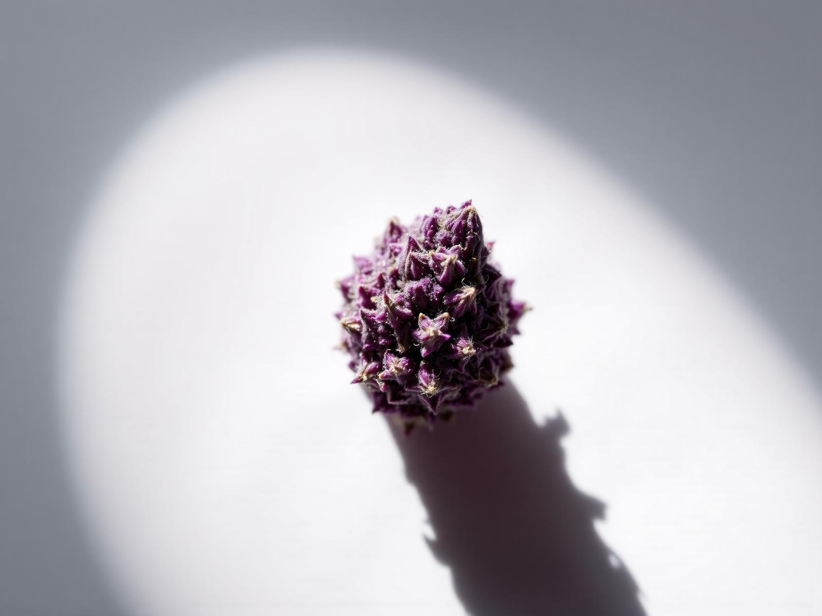 Purple cannabis flower under editorial lighting